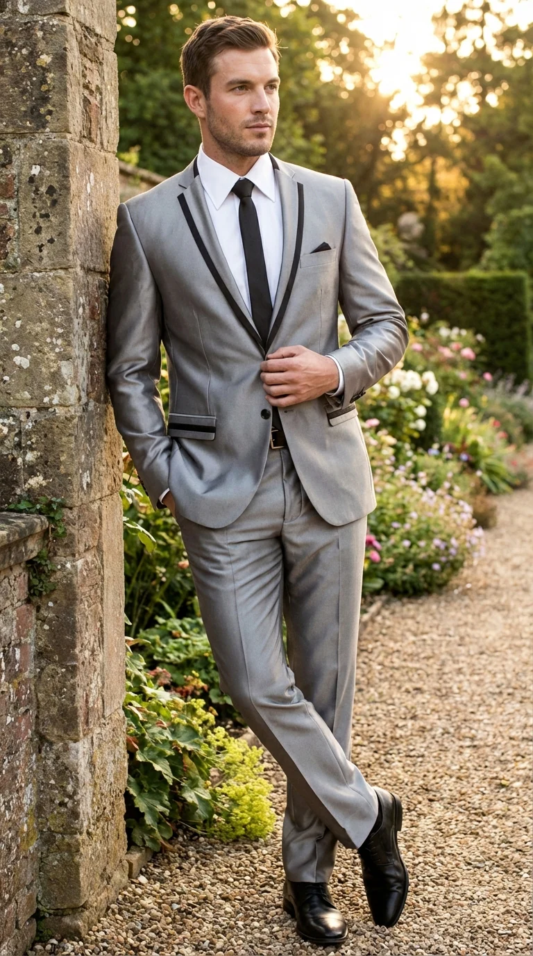 Men’s Silver Sharkskin Tuxedo Suit with Black Piping – Shiny Two Button Formal Suit for Wedding, Prom and Party Wear - Image 9
