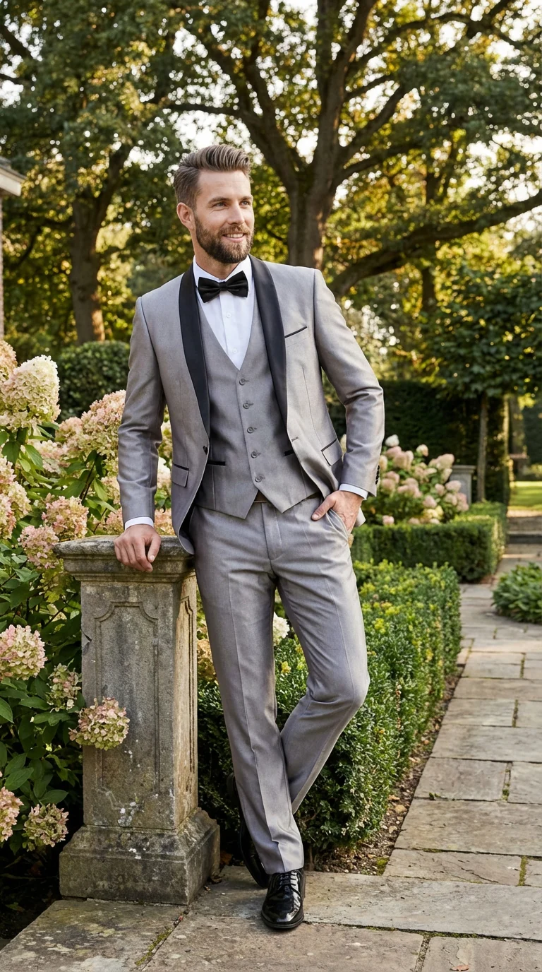 Men’s Silver Shiny Tuxedo 3 Piece Suit with Black Shawl Lapel | Formal Wedding Prom Suit Set Sharkskin Fabric Slim Fit - Image 11