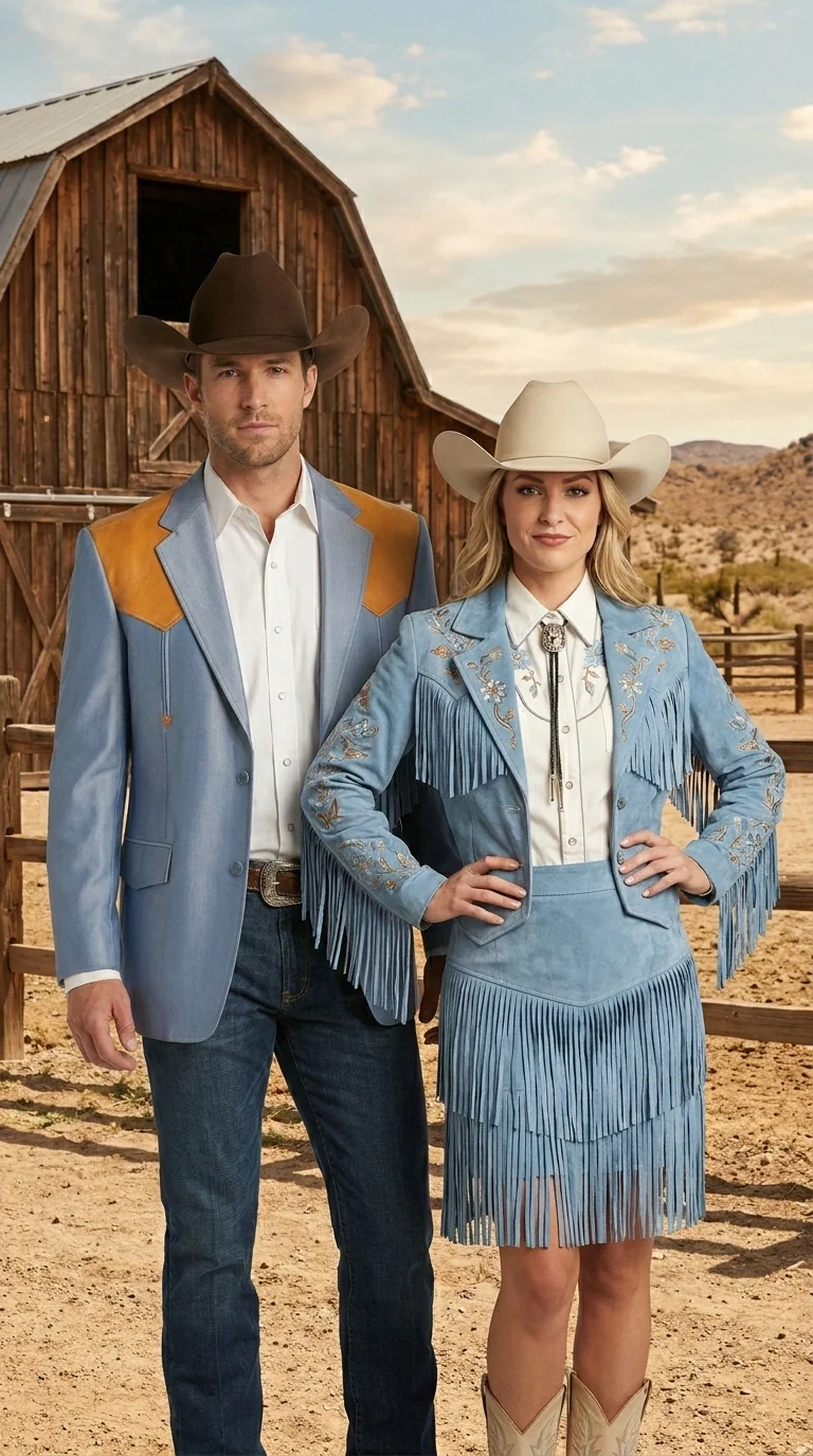 Men’s Sky Blue and Gold Western Cowboy Blazer – Classic Country Style Jacket, Retro in Steel Blue Color - Image 10