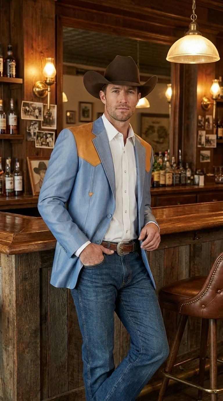 Men’s Sky Blue and Gold Western Cowboy Blazer – Classic Country Style Jacket, Retro in Steel Blue Color - Image 11