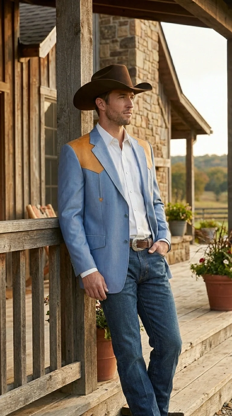 Men’s Sky Blue and Gold Western Cowboy Blazer – Classic Country Style Jacket, Retro in Steel Blue Color - Image 12