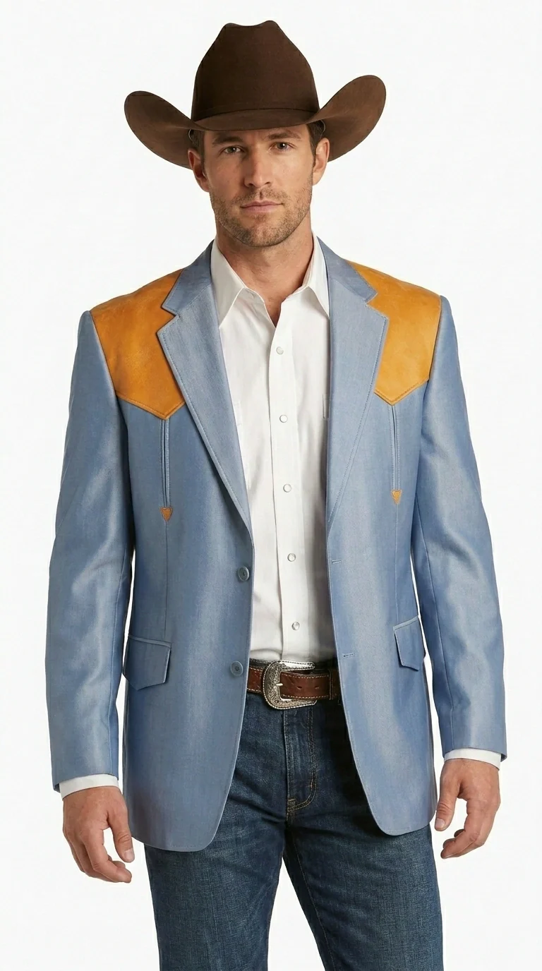 Men’s Sky Blue and Gold Western Cowboy Blazer – Classic Country Style Jacket, Retro in Steel Blue Color - Image 3