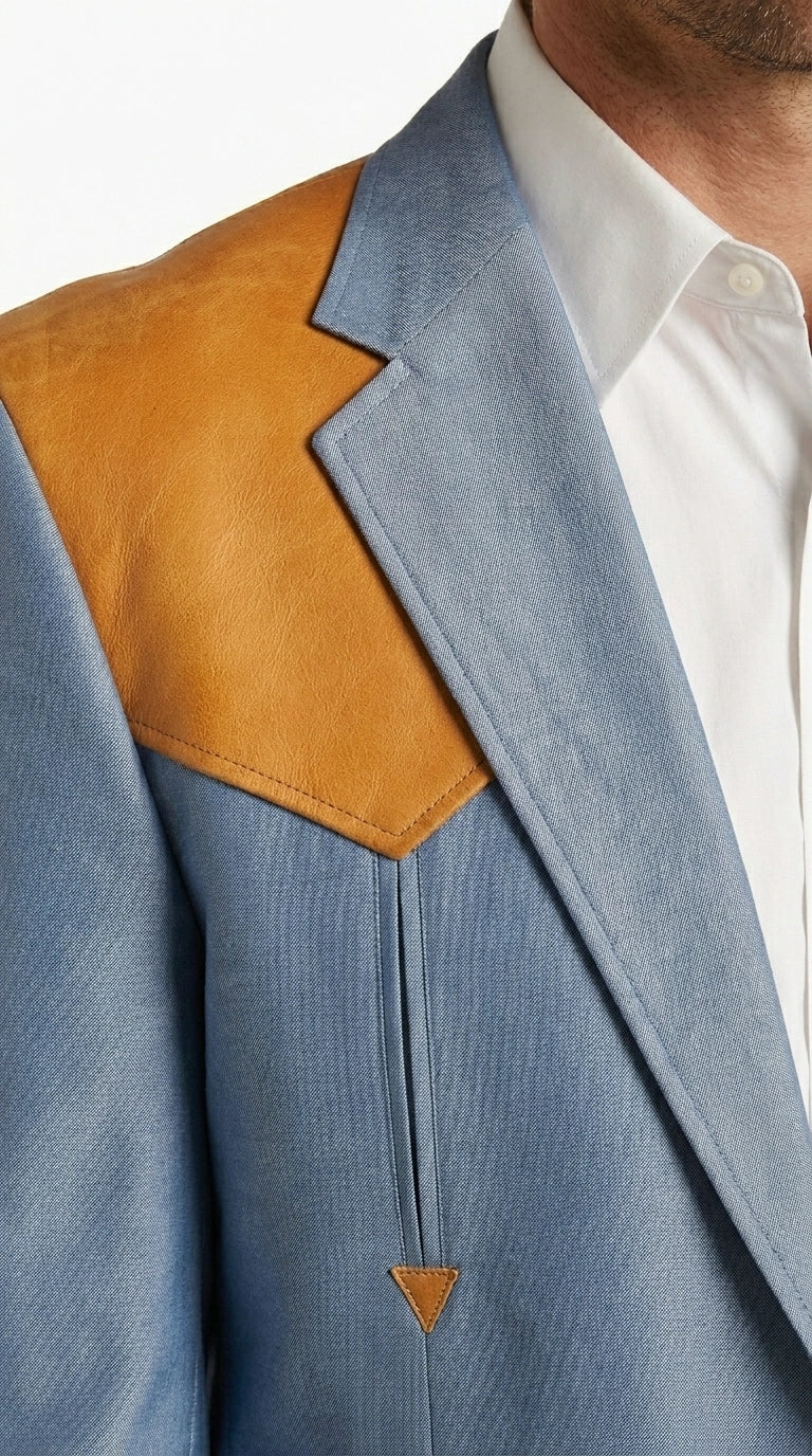 Men’s Sky Blue and Gold Western Cowboy Blazer – Classic Country Style Jacket, Retro in Steel Blue Color - Image 4