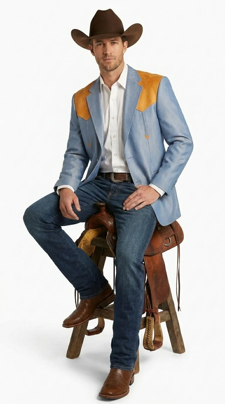 Men’s Sky Blue and Gold Western Cowboy Blazer – Classic Country Style Jacket, Retro in Steel Blue Color - Image 5
