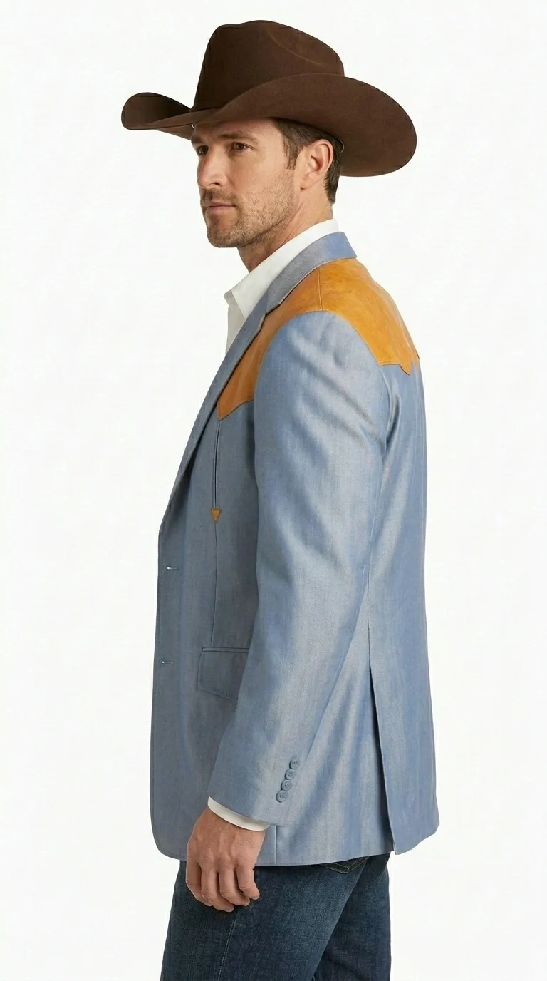 Men’s Sky Blue and Gold Western Cowboy Blazer – Classic Country Style Jacket, Retro in Steel Blue Color - Image 7