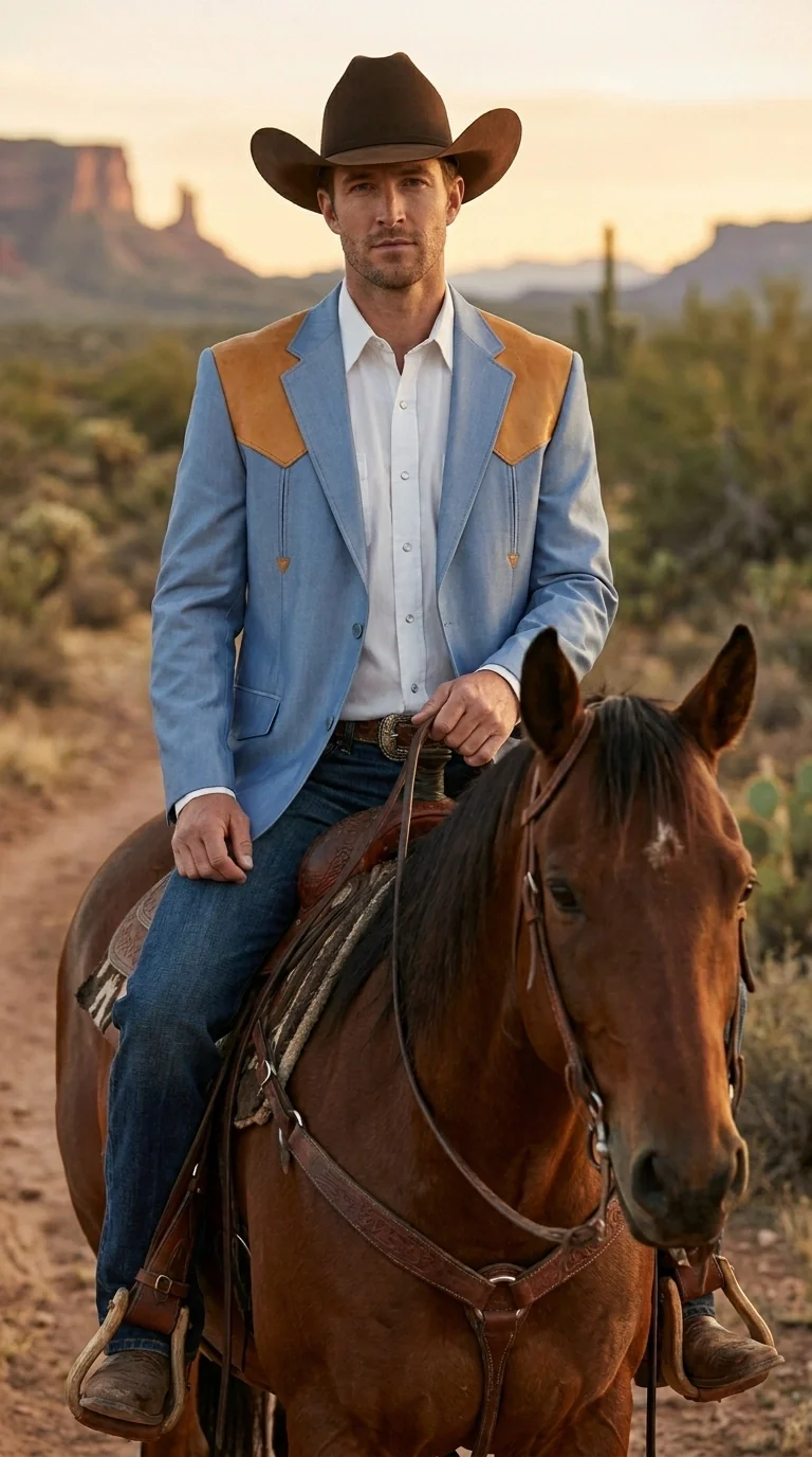 Men’s Sky Blue and Gold Western Cowboy Blazer – Classic Country Style Jacket, Retro in Steel Blue Color - Image 8