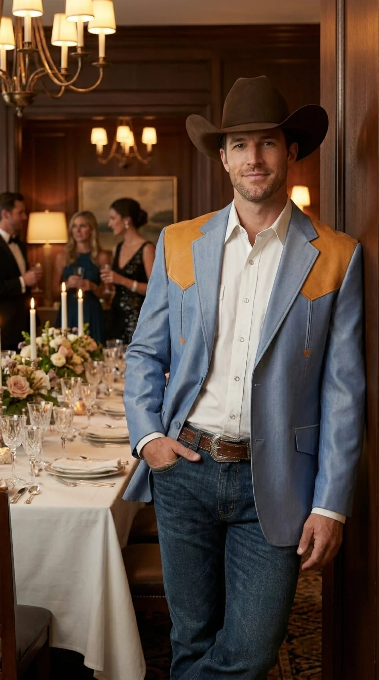 Men’s Sky Blue and Gold Western Cowboy Blazer – Classic Country Style Jacket, Retro in Steel Blue Color - Image 9