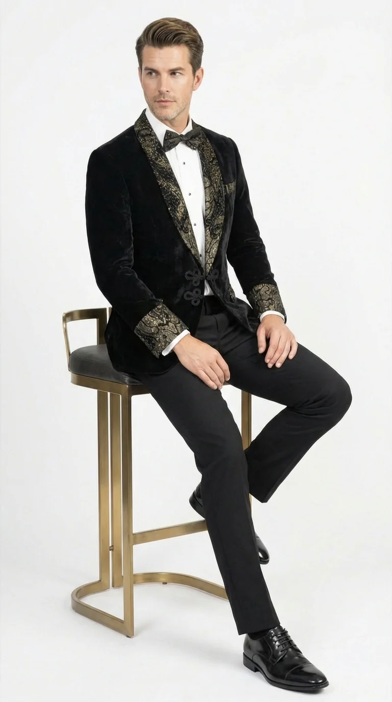 Men’s Smoking Jacket Black and Gold Embroidered Tuxedo Blazer – Luxury Velvet Formal Dinner Jacket with Paisley Lapel - Image 4