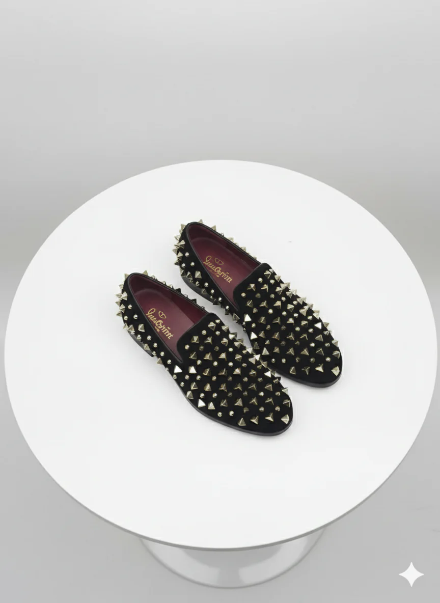 Men’s Studded Velvet Loafers – Designer Party and Prom Dress Shoes with Gold and Silver Spikes - Image 3