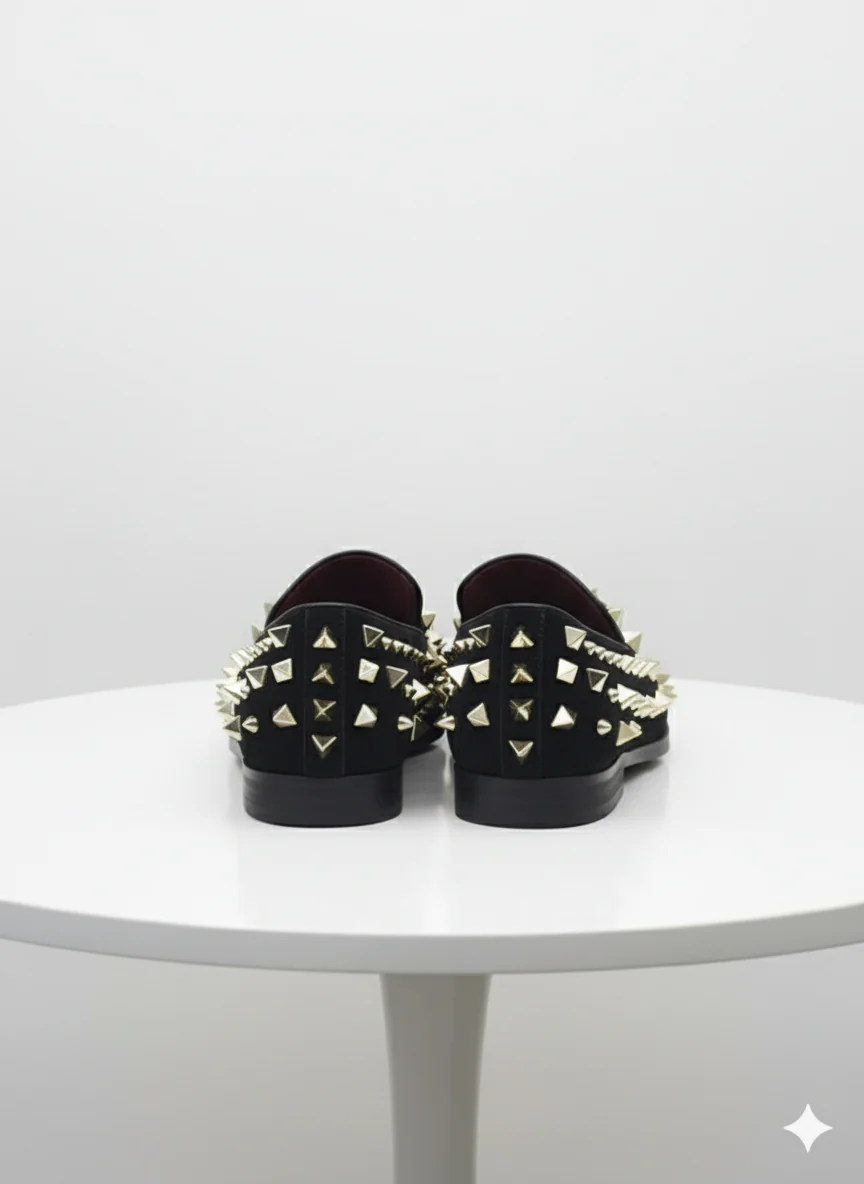 Men’s Studded Velvet Loafers – Designer Party and Prom Dress Shoes with Gold and Silver Spikes - Image 4