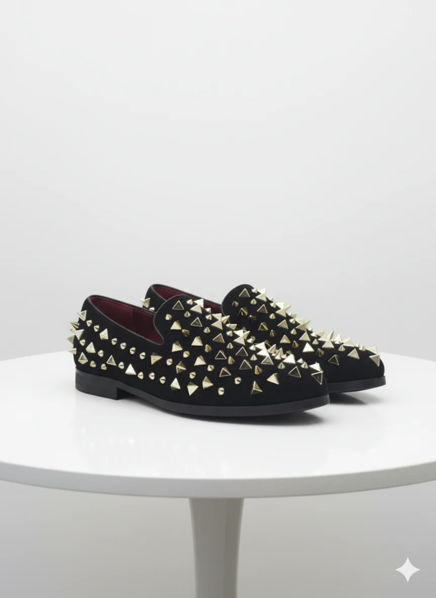 Men’s Studded Velvet Loafers – Designer Party and Prom Dress Shoes with Gold and Silver Spikes - Image 5