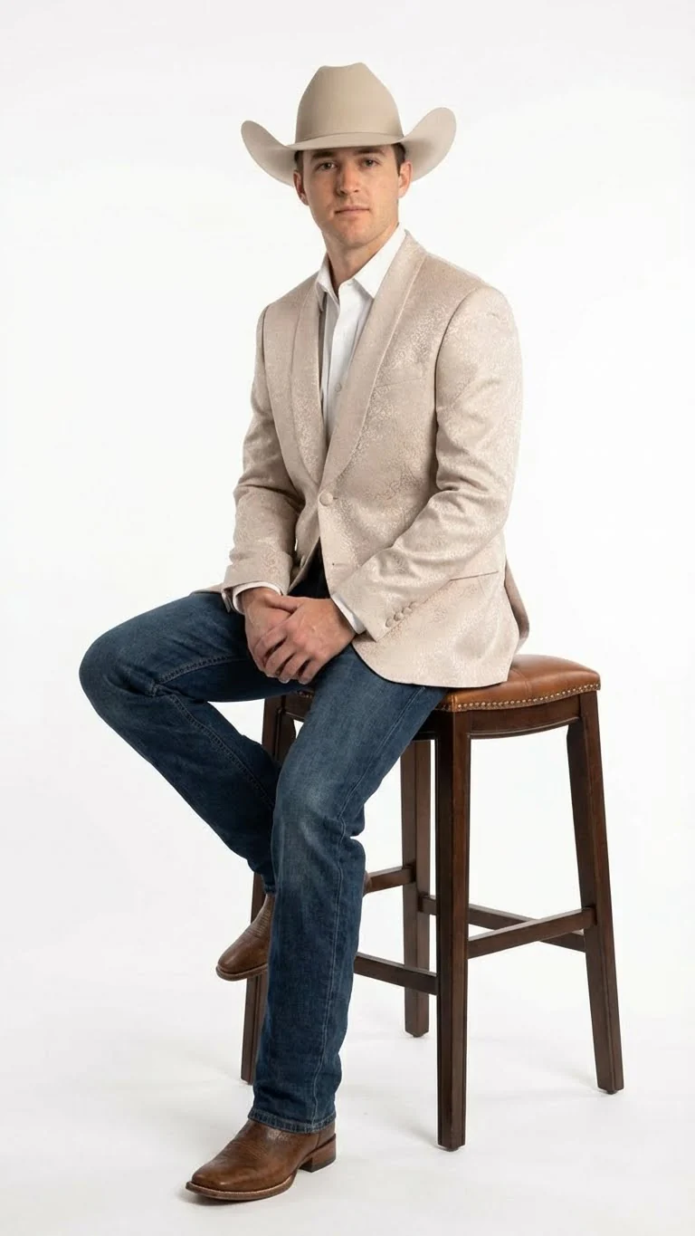 Men’s Tan Khaki Beige Cream Champaign Paisley Western Blazer Jacket, Embossed Dress Sport Coat for Wedding Party Rodeo Style - Image 11