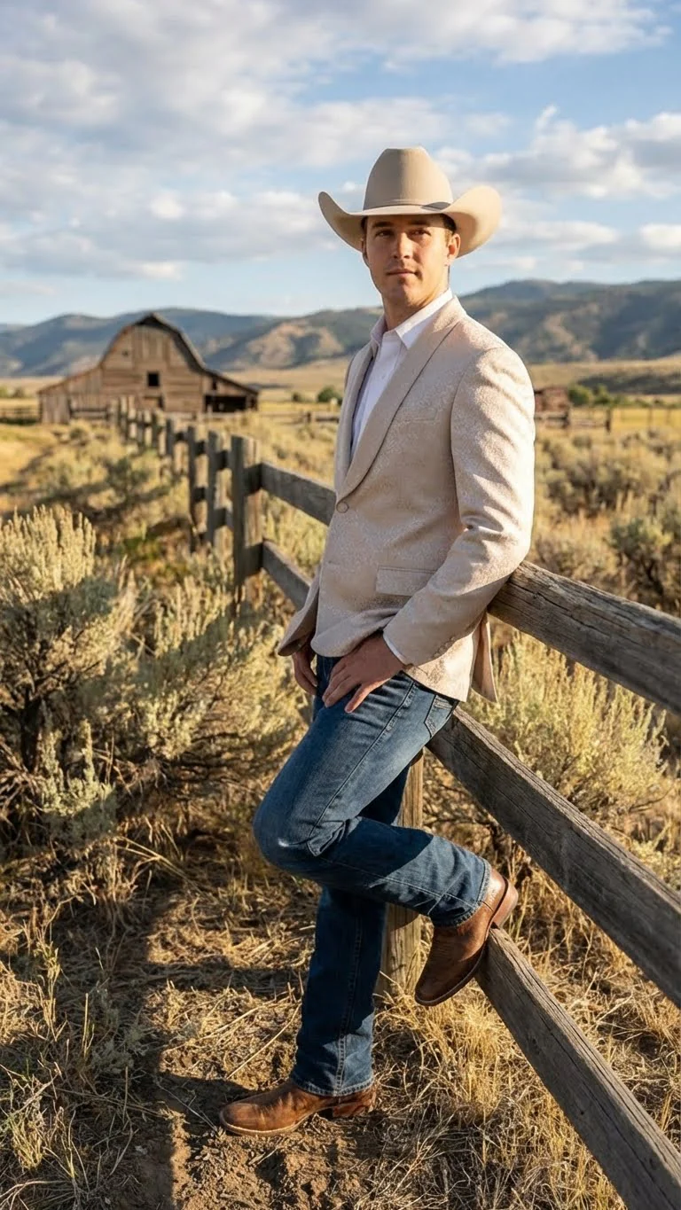 Men’s Tan Khaki Beige Cream Champaign Paisley Western Blazer Jacket, Embossed Dress Sport Coat for Wedding Party Rodeo Style - Image 5