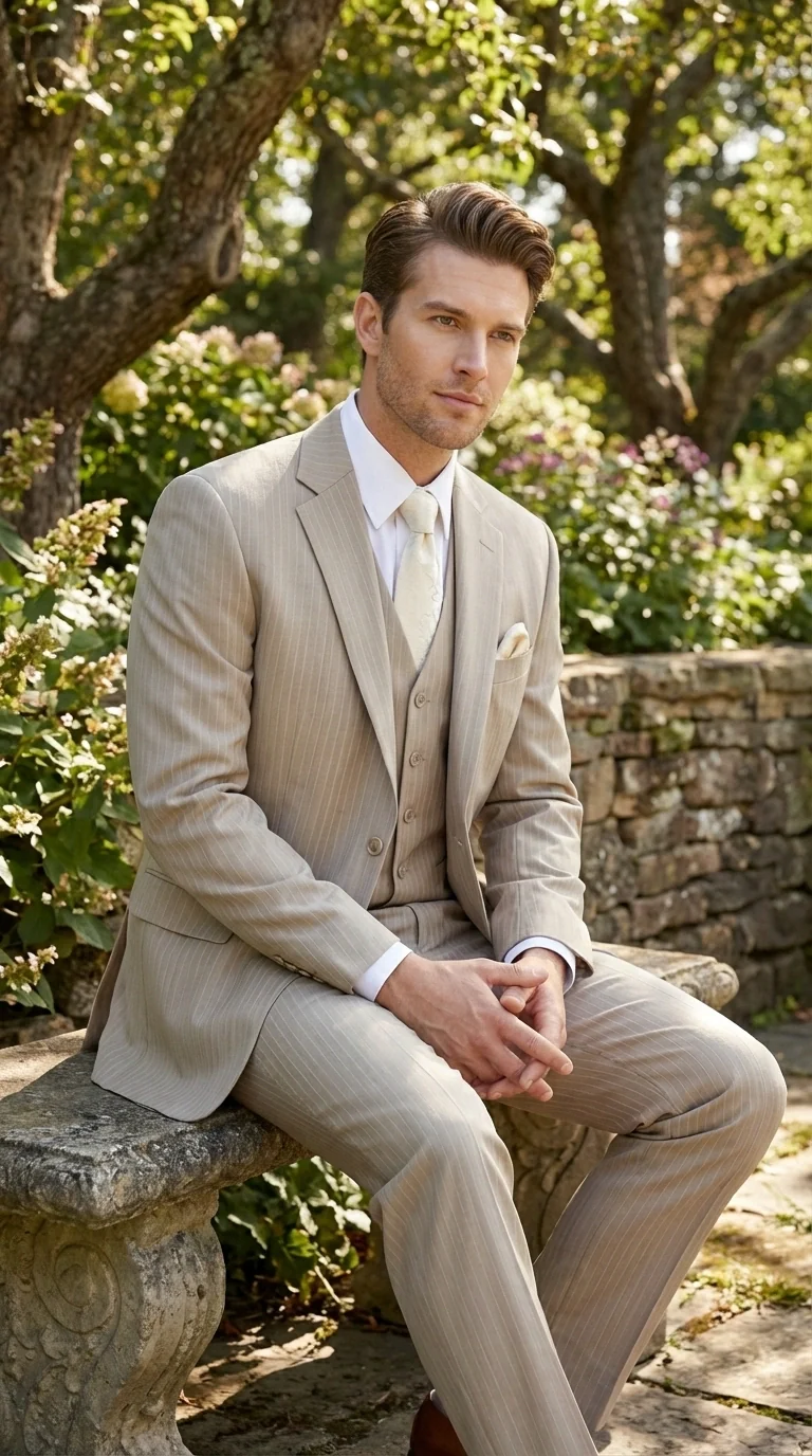 Men’s Tan Pinstripe Three Piece Suit – Classic Fit Pleated Pants Tan Sand Beige Wedding, Church Shadow Ton on Tone Business Suit for Men - Image 10
