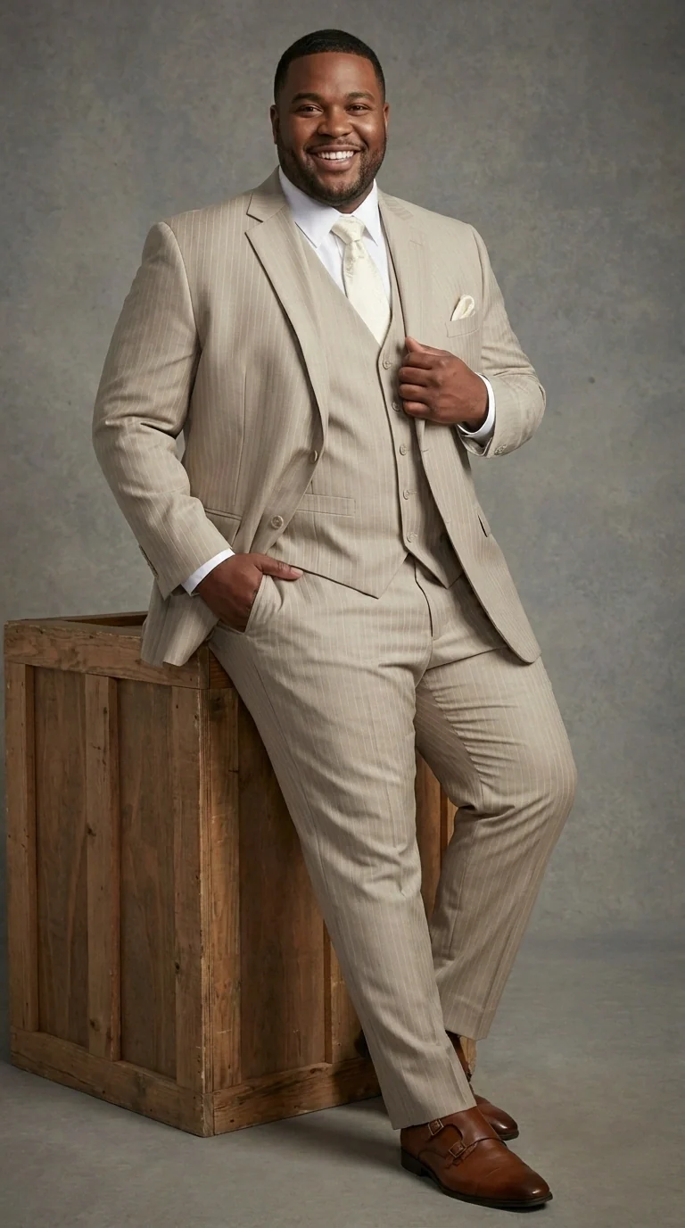Men’s Tan Pinstripe Three Piece Suit – Classic Fit Pleated Pants Tan Sand Beige Wedding, Church Shadow Ton on Tone Business Suit for Men - Image 12