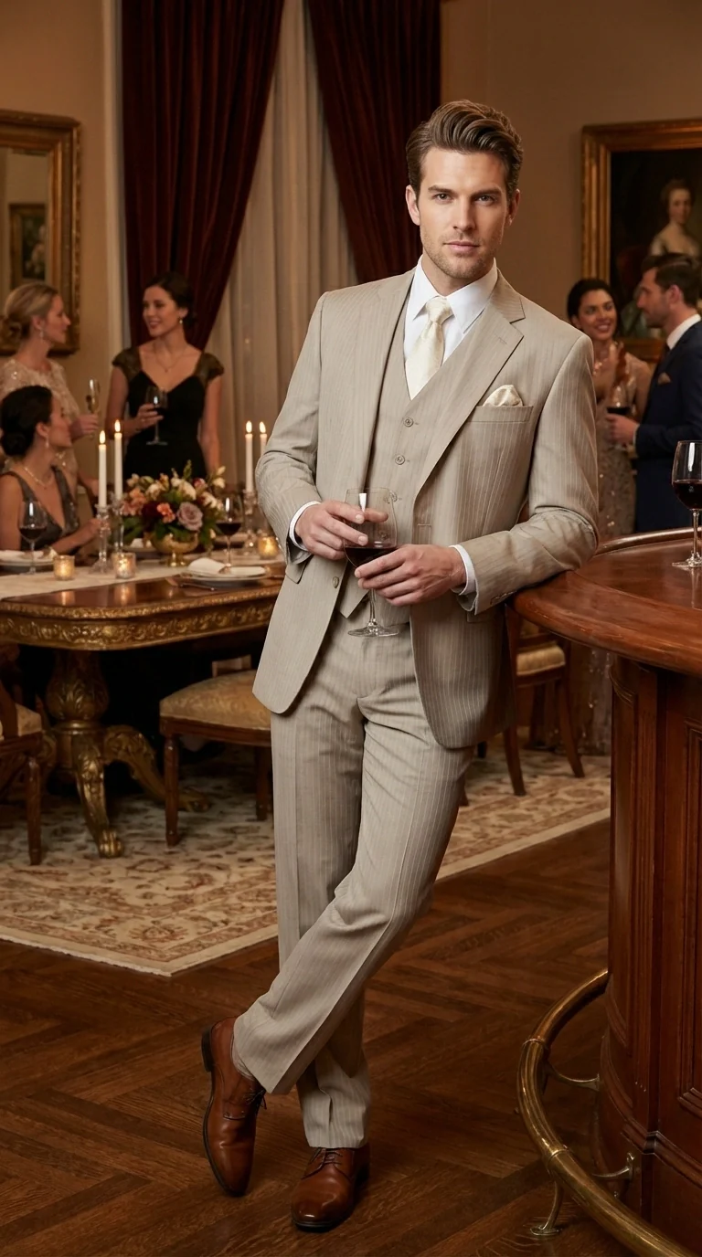 Men’s Tan Pinstripe Three Piece Suit – Classic Fit Pleated Pants Tan Sand Beige Wedding, Church Shadow Ton on Tone Business Suit for Men - Image 15