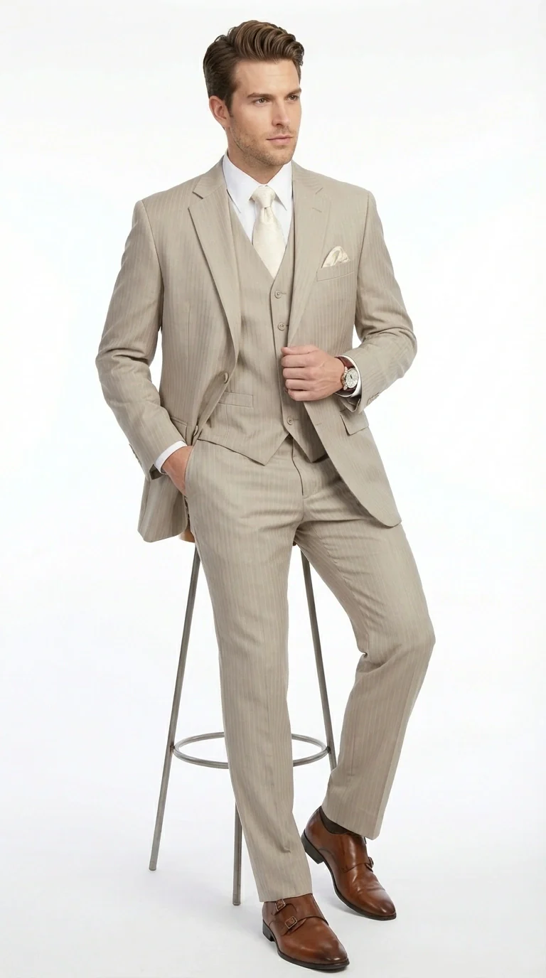 Men’s Tan Pinstripe Three Piece Suit – Classic Fit Pleated Pants Tan Sand Beige Wedding, Church Shadow Ton on Tone Business Suit for Men - Image 3