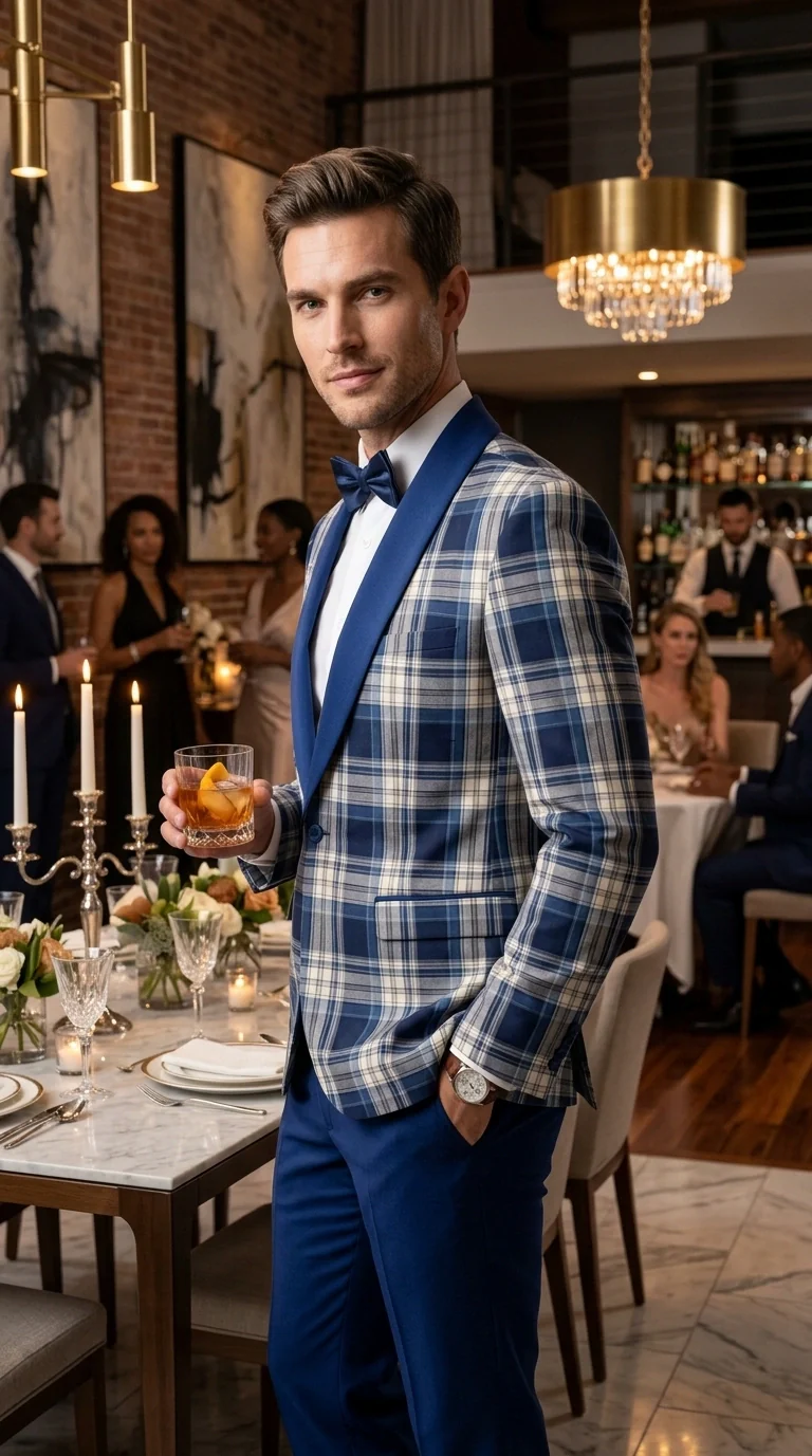 Men’s Tartan Blue Plaid and Solid Blue Tuxedo – Modern Check Pattern Formal Suit for New Year - Christmas - Holiday Jacket with Pants - Image 8
