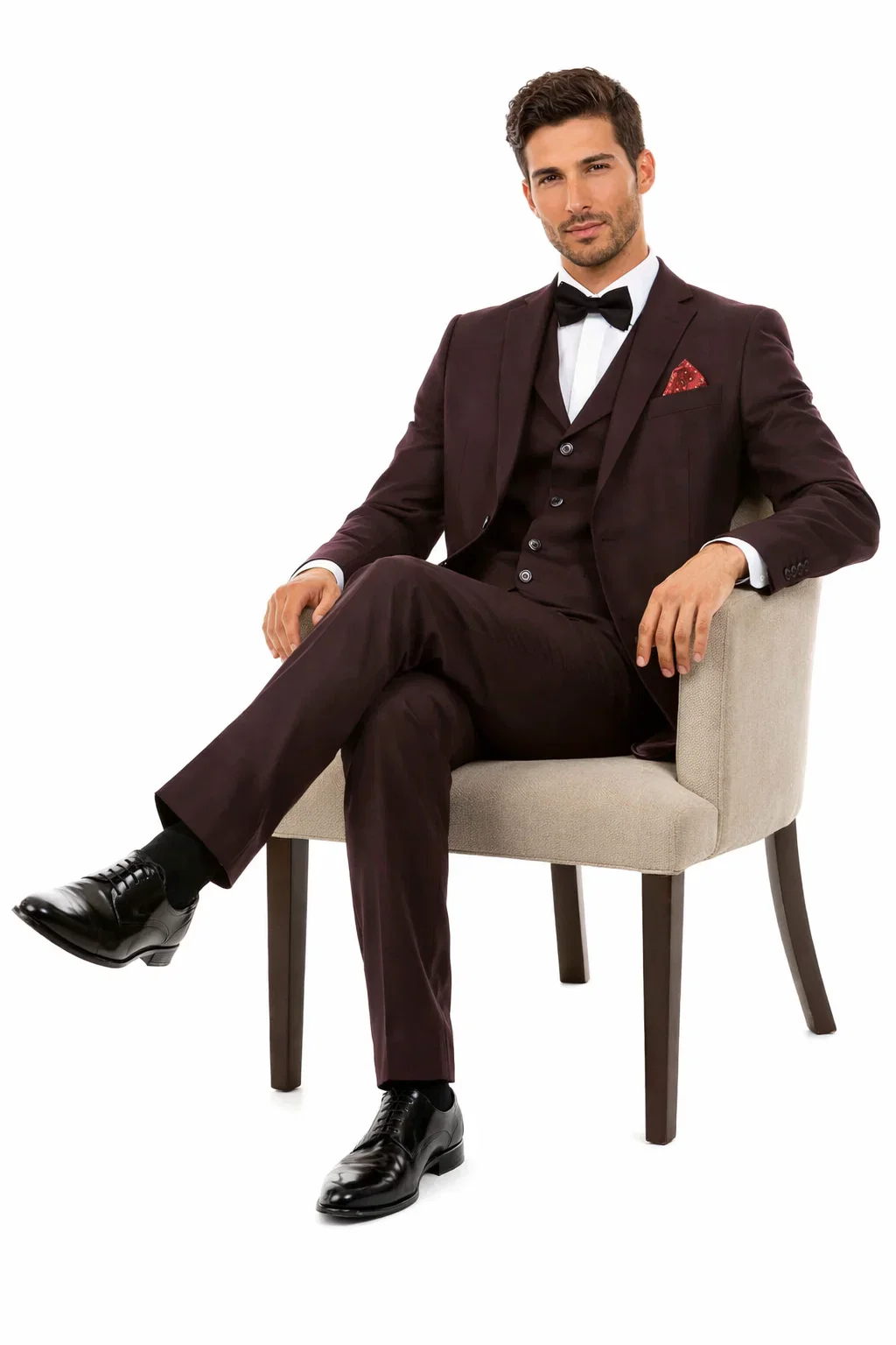 Men’s Two Button Vested Vintage Style Tweed Wedding Suit – Burgundy - Image 8