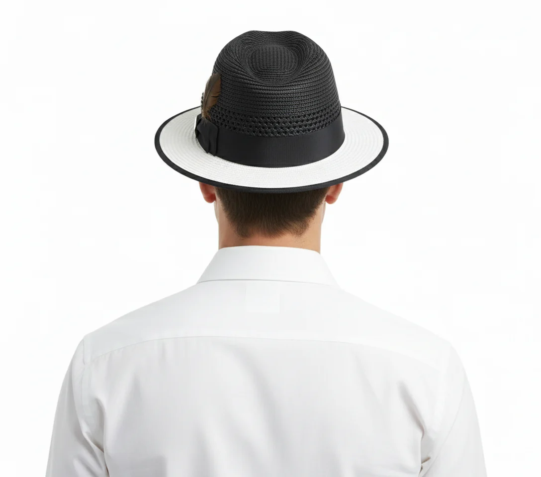 Men’s Two-Tone Black and White Fedora Hat with Feather Accent – Stylish Summer Dress Hat - Image 2