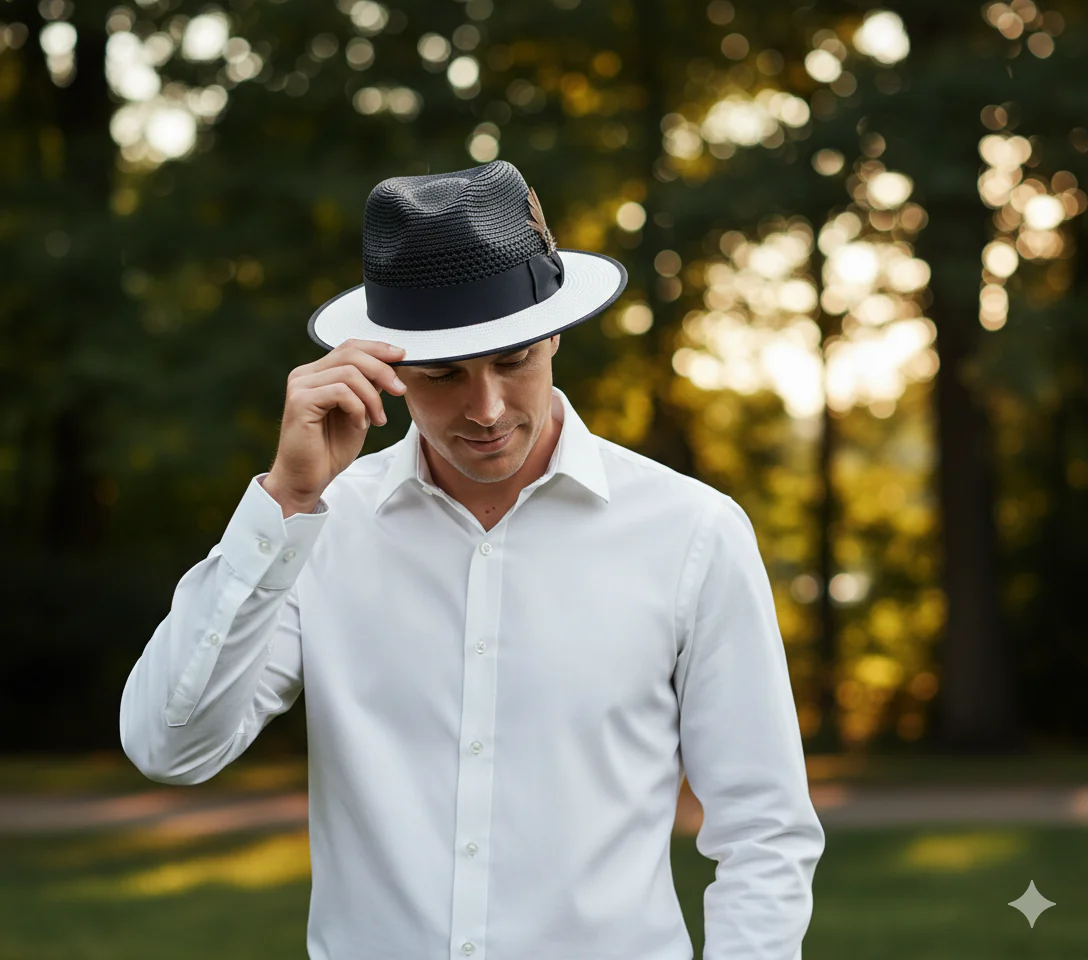 Men’s Two-Tone Black and White Fedora Hat with Feather Accent – Stylish Summer Dress Hat - Image 5