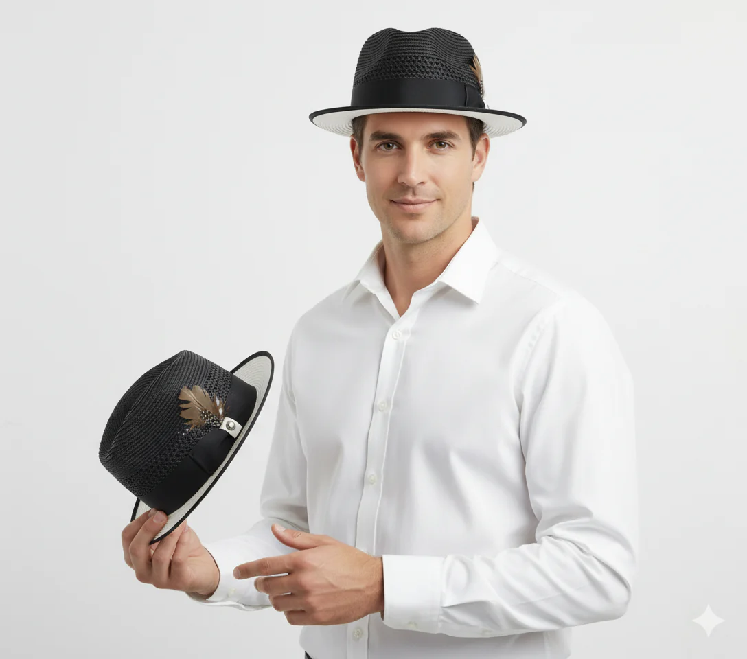 Men’s Two-Tone Black and White Fedora Hat with Feather Accent – Stylish Summer Dress Hat - Image 6