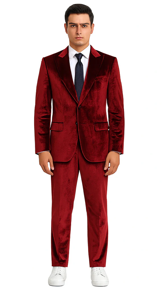Men’s Velvet Burgundy Suit – Slim Fit 2-Piece Formalwear Set by Tazzio - Image 2