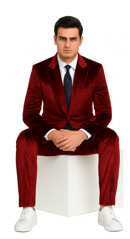 Men’s Velvet Burgundy Suit – Slim Fit 2-Piece Formalwear Set by Tazzio - Image 4