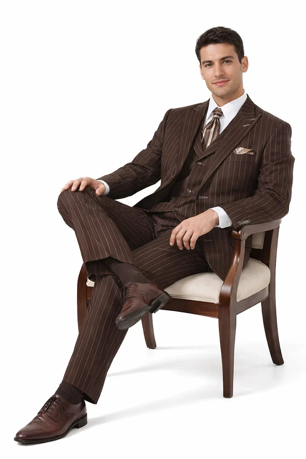 Men’s Vintage Brown Pinstripe 3-Piece Gangster Suit - Image 4