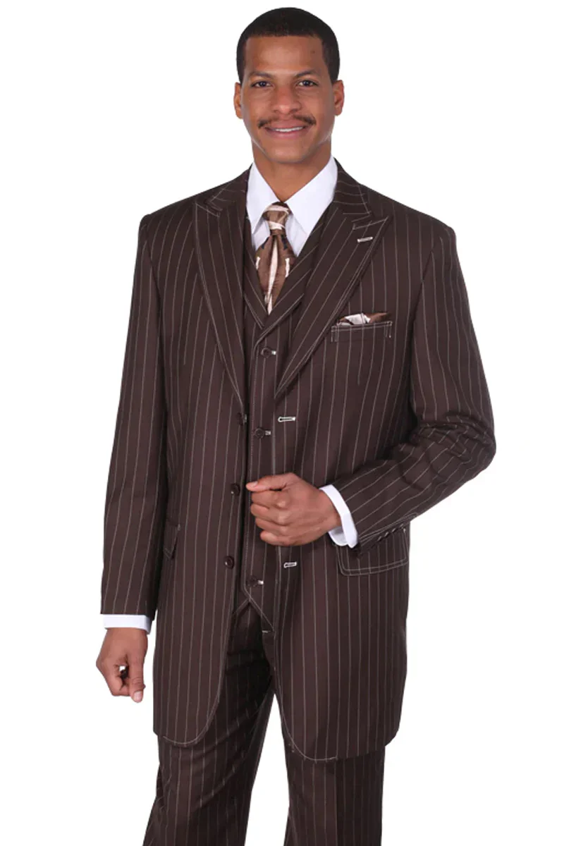 Men’s Vintage Brown Pinstripe 3-Piece Gangster Suit - Image 8