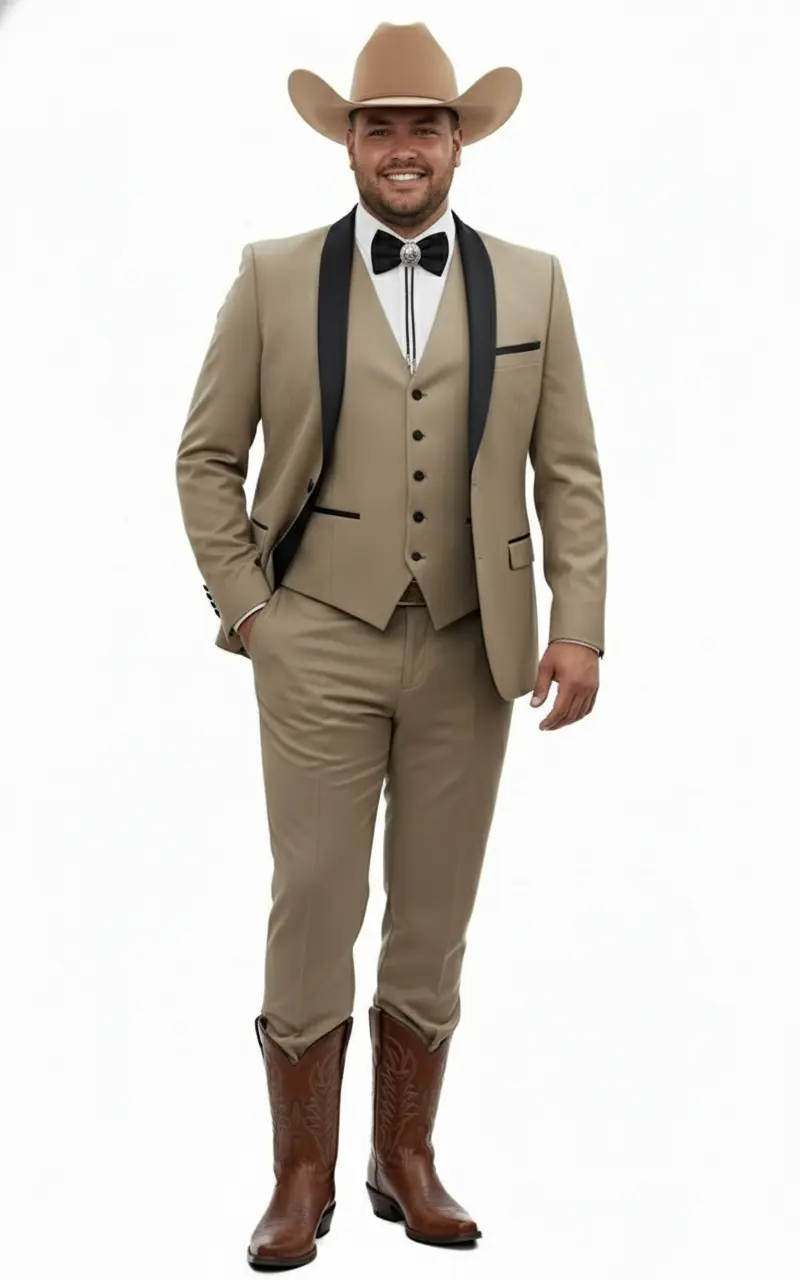 Men’s Western Cowboy Suit – 3-Piece Tan Tuxedo with Black Lapel, Vest, and Pants Beige Color - Image 3