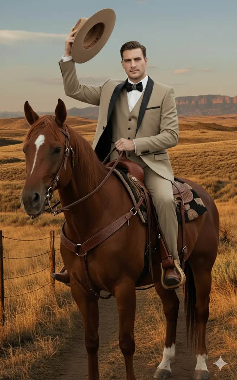 Men’s Western Cowboy Suit – 3-Piece Tan Tuxedo with Black Lapel, Vest, and Pants Beige Color - Image 4