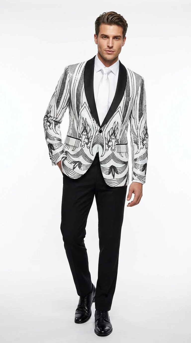 Men’s White and Black Patterned Tuxedo Blazer – Luxury Designer Dinner Jacket for Wedding, Prom and Formal Events New Year Christmas Holiday