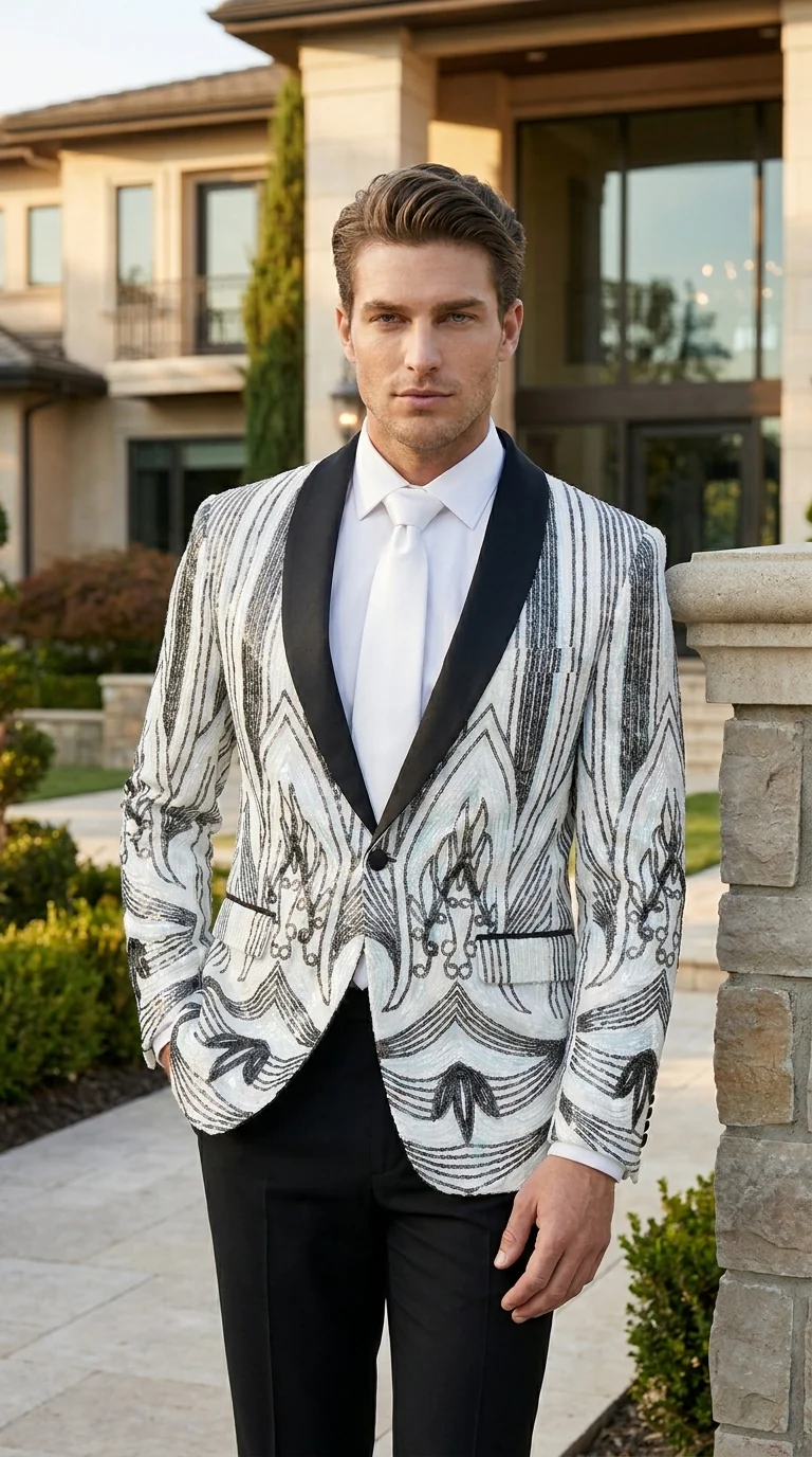 Men’s White and Black Patterned Tuxedo Blazer – Luxury Designer Dinner Jacket for Wedding, Prom and Formal Events New Year Christmas Holiday - Image 10
