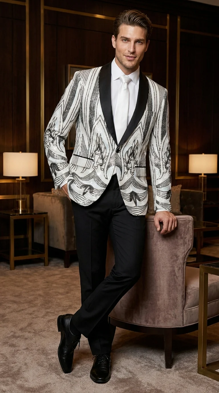 Men’s White and Black Patterned Tuxedo Blazer – Luxury Designer Dinner Jacket for Wedding, Prom and Formal Events New Year Christmas Holiday - Image 11