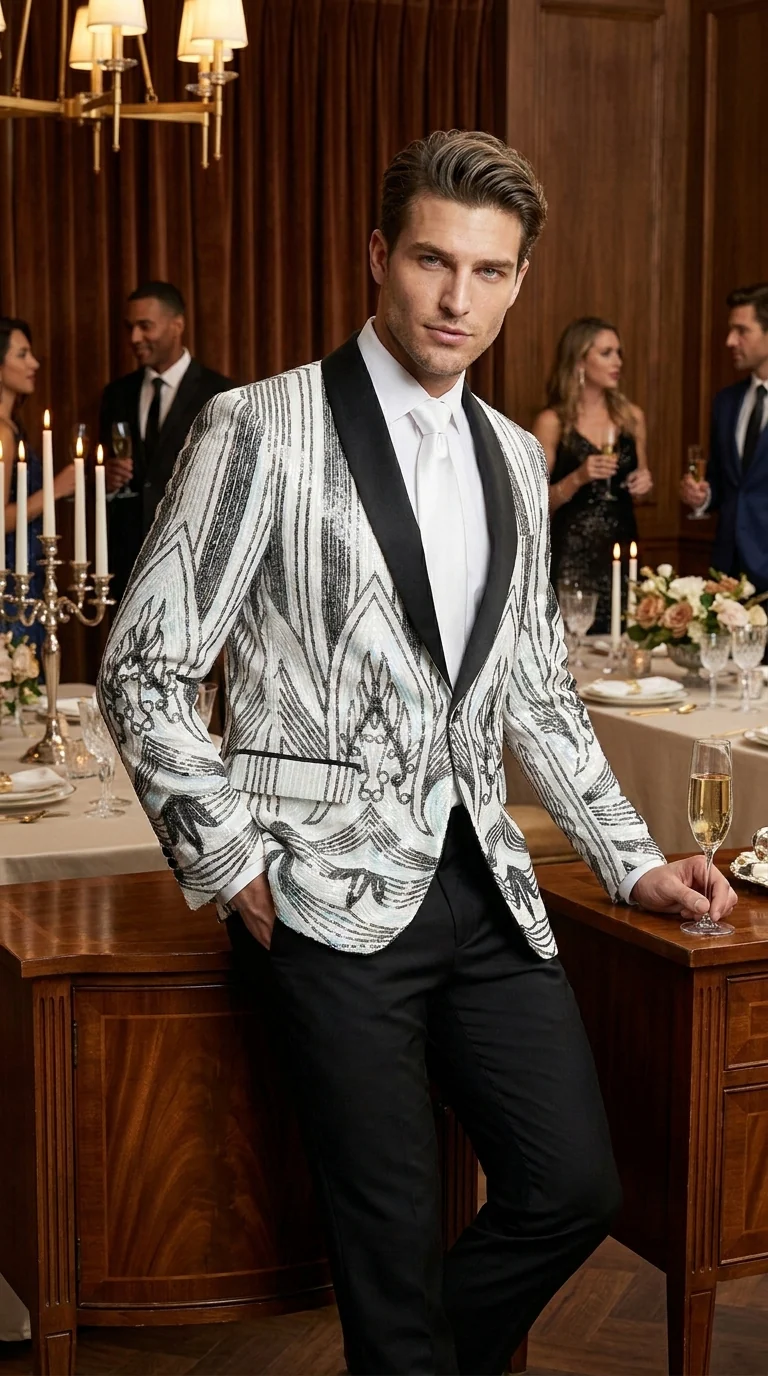 Men’s White and Black Patterned Tuxedo Blazer – Luxury Designer Dinner Jacket for Wedding, Prom and Formal Events New Year Christmas Holiday - Image 12