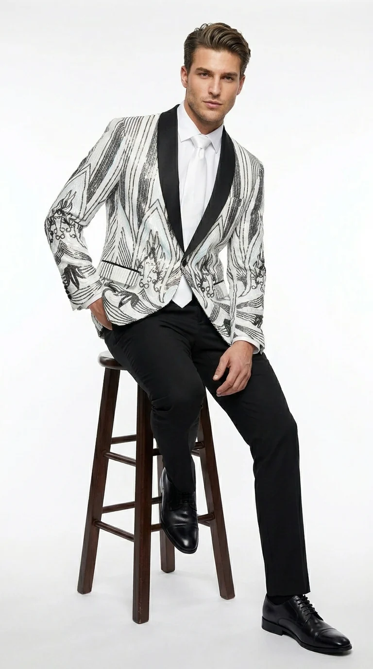 Men’s White and Black Patterned Tuxedo Blazer – Luxury Designer Dinner Jacket for Wedding, Prom and Formal Events New Year Christmas Holiday - Image 3