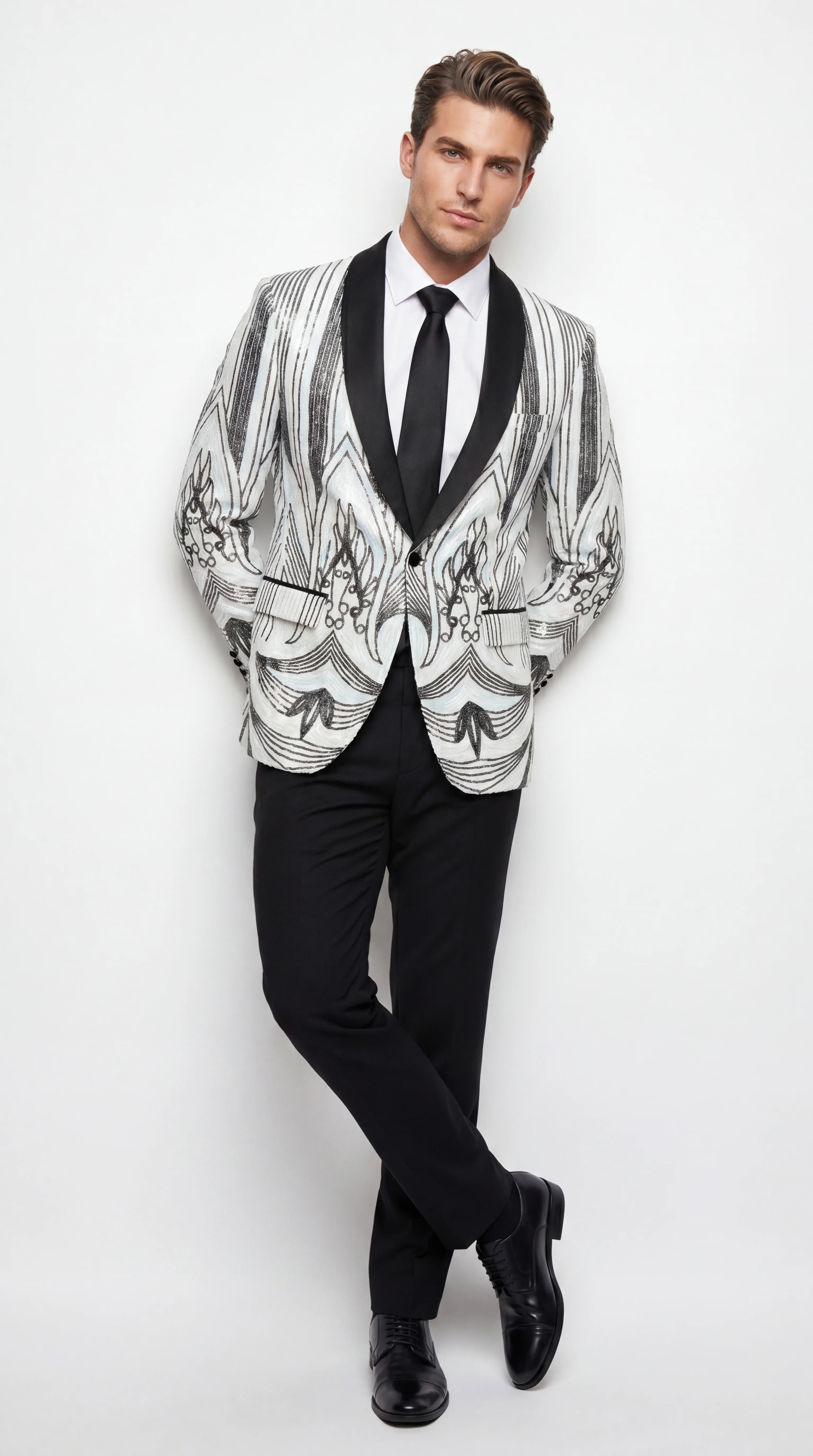 Men’s White and Black Patterned Tuxedo Blazer – Luxury Designer Dinner Jacket for Wedding, Prom and Formal Events New Year Christmas Holiday - Image 5