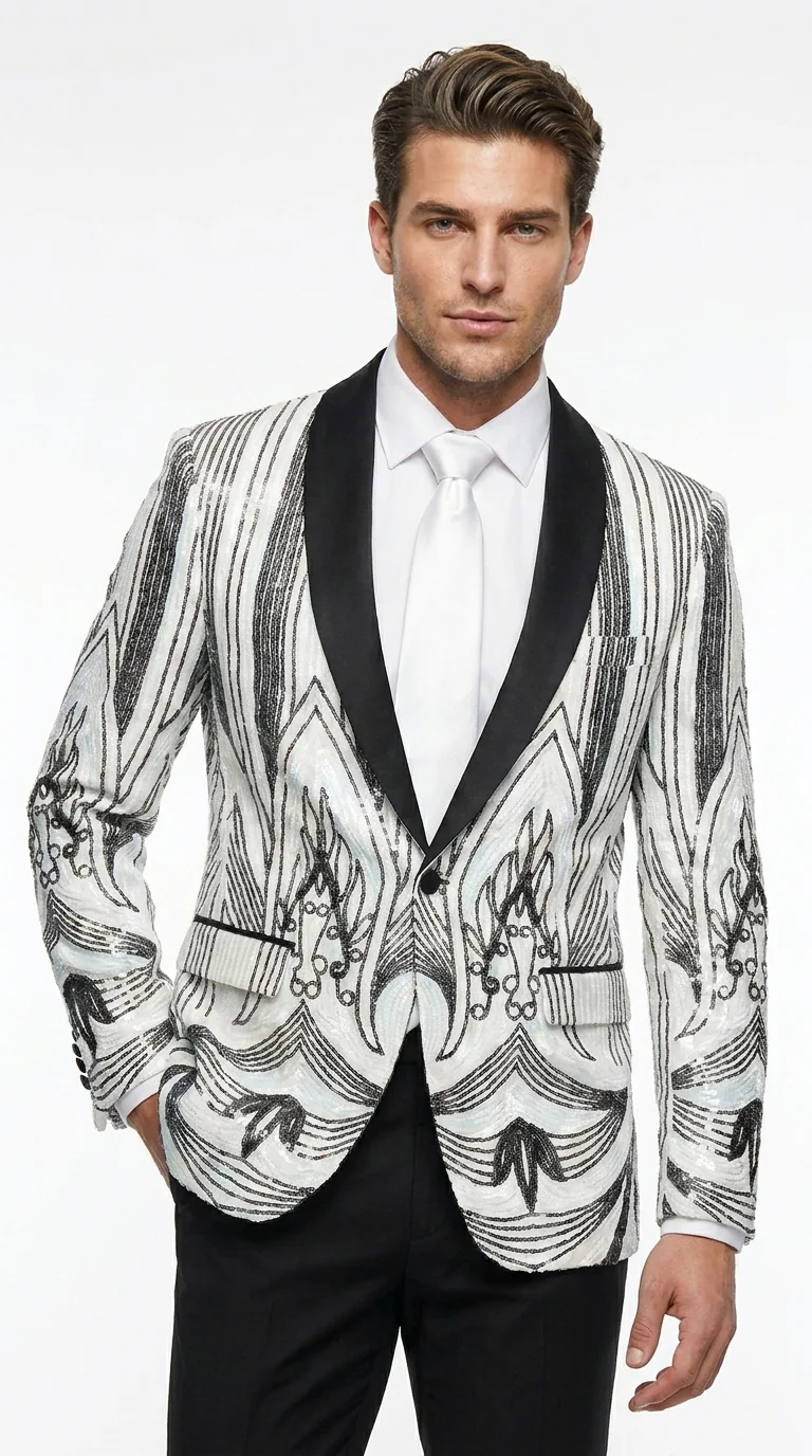 Men’s White and Black Patterned Tuxedo Blazer – Luxury Designer Dinner Jacket for Wedding, Prom and Formal Events New Year Christmas Holiday - Image 6