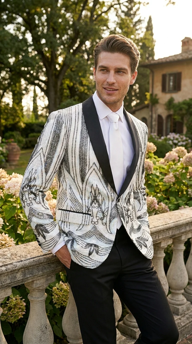 Men’s White and Black Patterned Tuxedo Blazer – Luxury Designer Dinner Jacket for Wedding, Prom and Formal Events New Year Christmas Holiday - Image 9