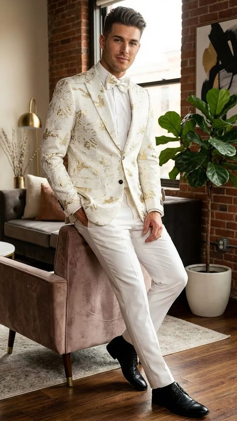 Men’s White and Gold Patterned Blazer – Paisley Floral Pattern Prom Wedding Suit Tuxedo Dinner Jacket + Bowtie - Image 6