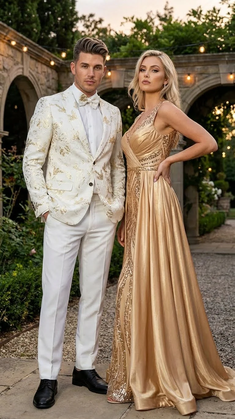 Men’s White and Gold Patterned Blazer – Paisley Floral Pattern Prom Wedding Suit Tuxedo Dinner Jacket + Bowtie - Image 7