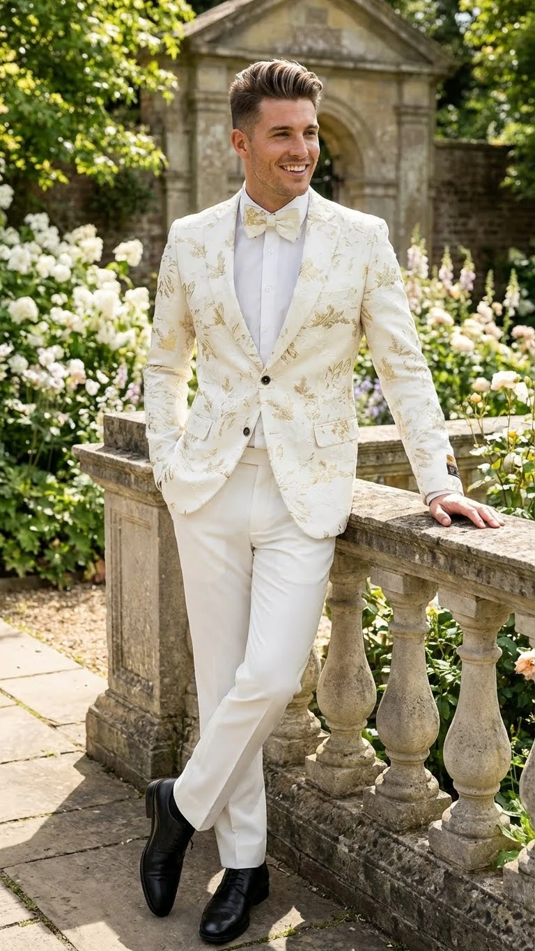 Men’s White and Gold Patterned Blazer – Paisley Floral Pattern Prom Wedding Suit Tuxedo Dinner Jacket + Bowtie - Image 8
