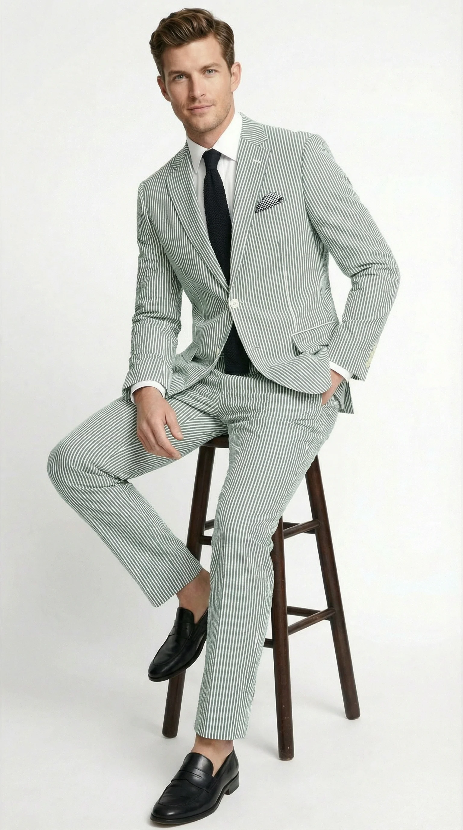 Men’s White and Green Seersucker Suit – Classic Striped Lightweight Summer Suit for Weddings and Formal Events Cotton Fabric - Image 8
