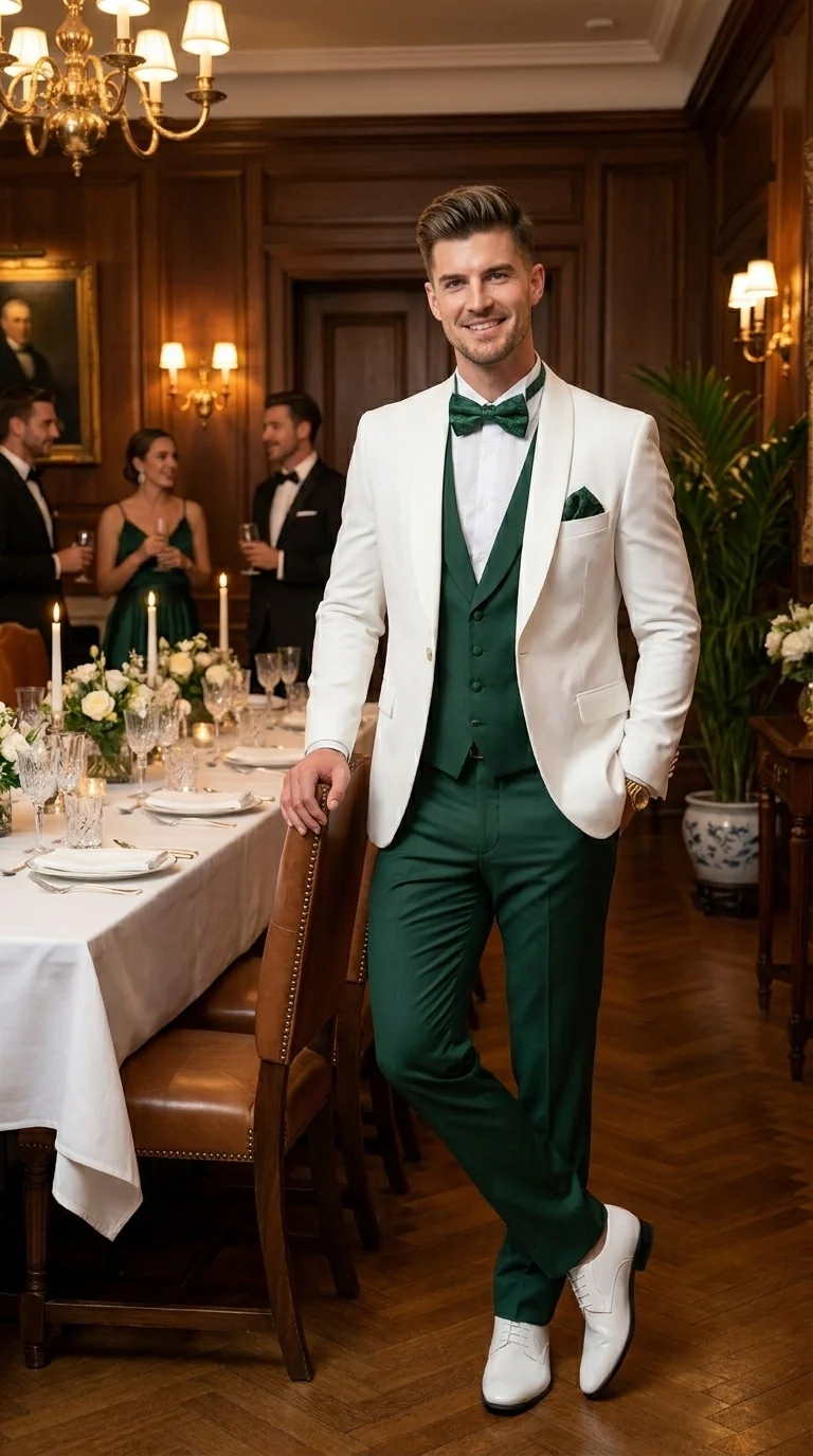 Men’s White and Hunter Green 3 Piece Suit – Elegant Formal Suit with Vest, Wedding Tuxedo Suit for Prom and Party Wear - Image 11