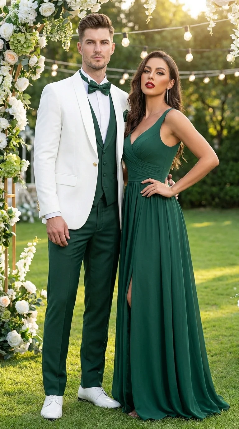 Men’s White and Hunter Green 3 Piece Suit – Elegant Formal Suit with Vest, Wedding Tuxedo Suit for Prom and Party Wear - Image 12