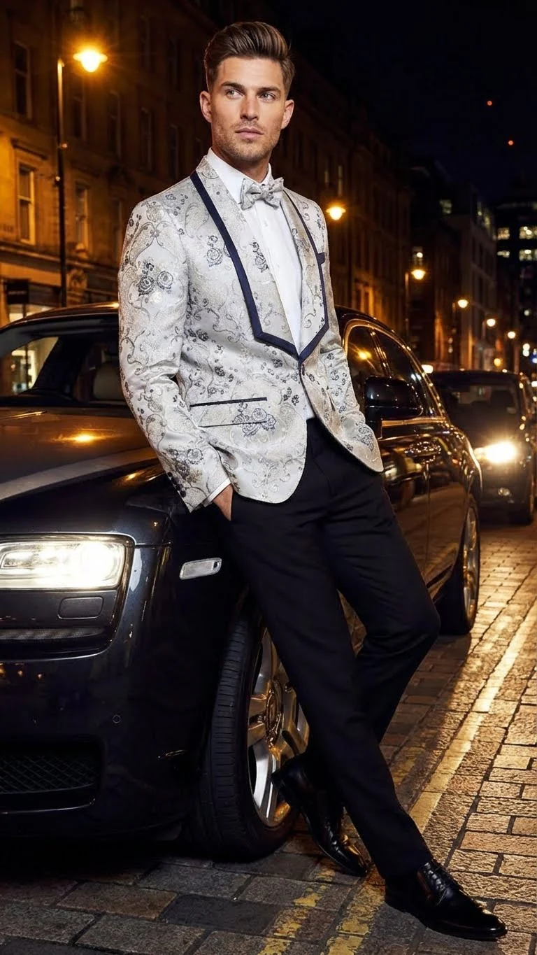 Men’s White and Navy Blue Lapel Floral Jacquard Blazer with Contrast Shawl Lapel – Luxury Wedding and Party Wear Jacket paisley Tuxedo Navy Pants - Image 6
