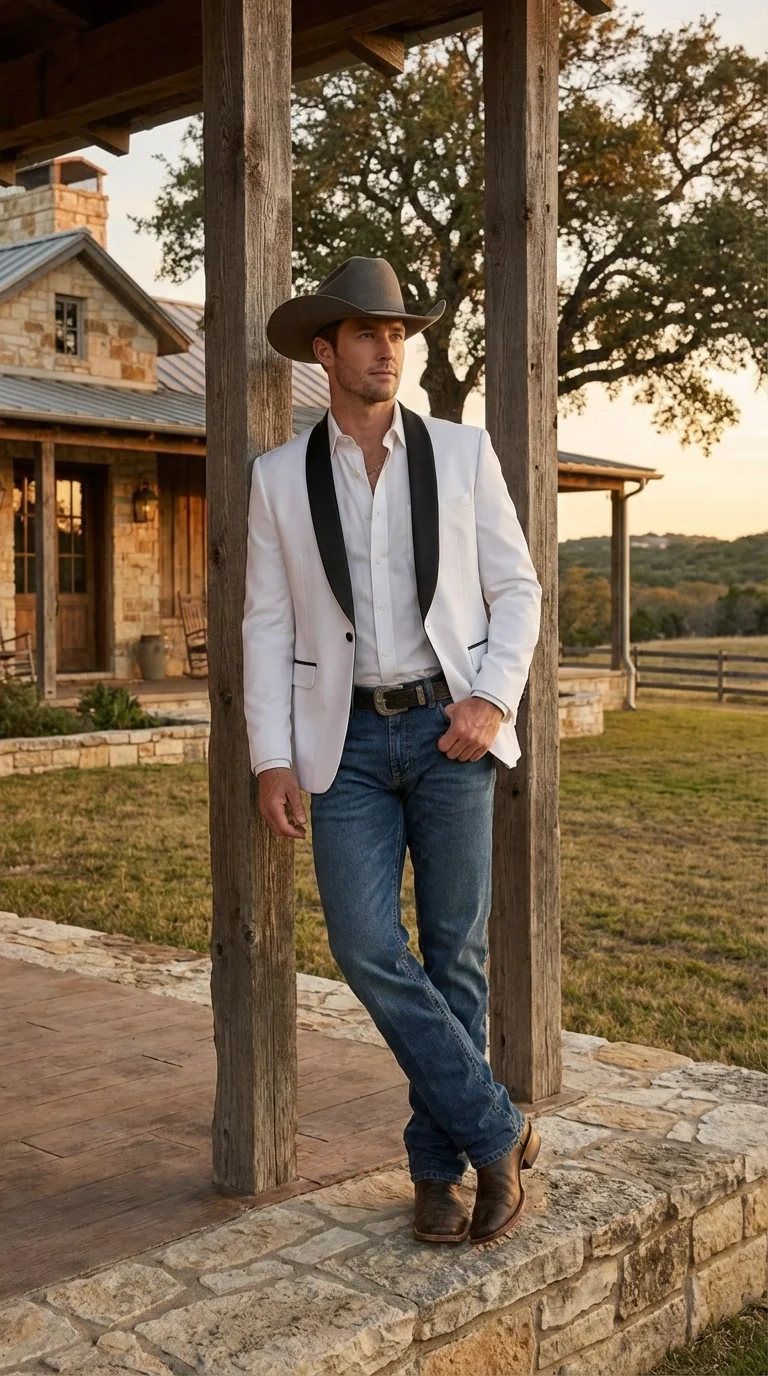 Men’s White Cowboy Blazer with Black Satin Lapel – Western Formal Tuxedo Style Jacket - Image 11