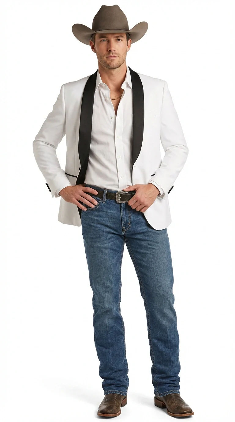 Men’s White Cowboy Blazer with Black Satin Lapel – Western Formal Tuxedo Style Jacket - Image 2