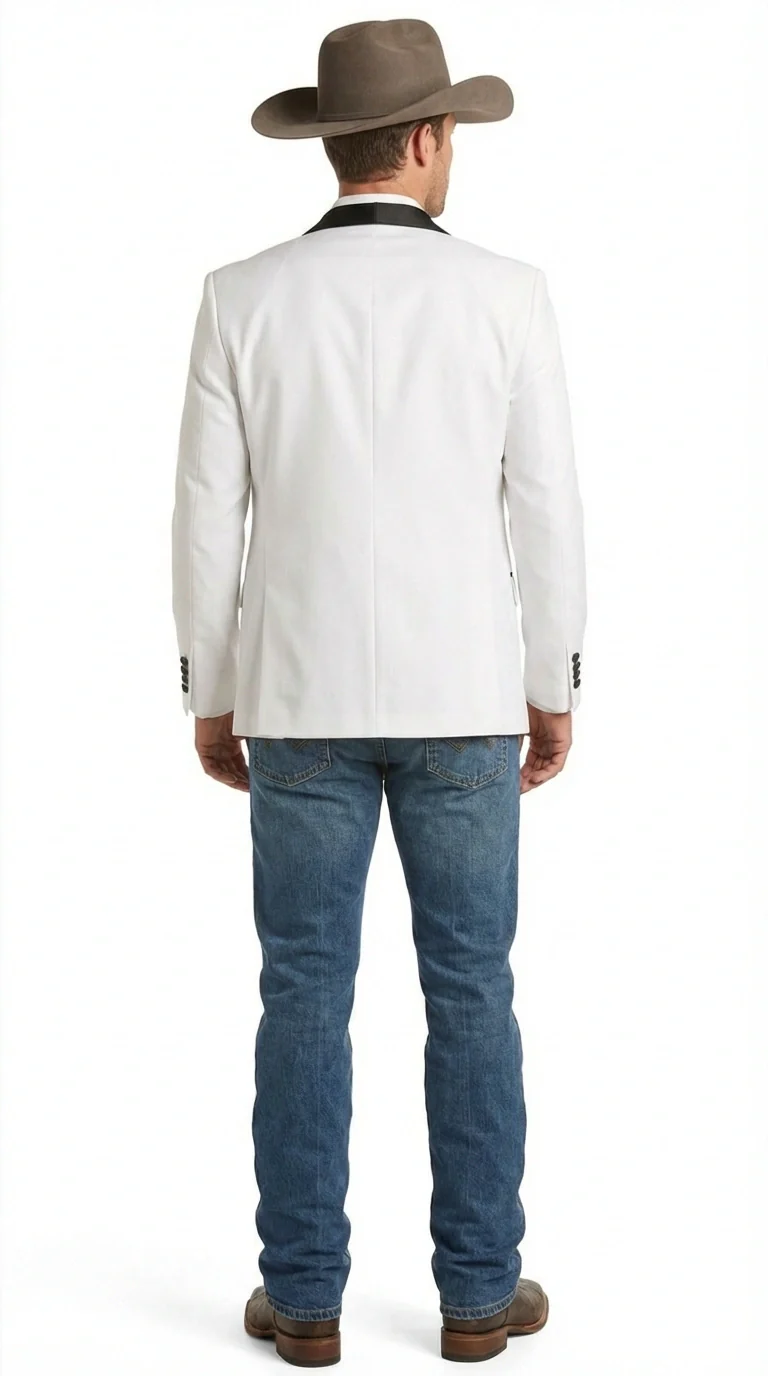 Men’s White Cowboy Blazer with Black Satin Lapel – Western Formal Tuxedo Style Jacket - Image 3